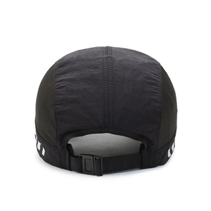Quick-dry black running cap with breathable mesh side panels and adjustable buckle strap