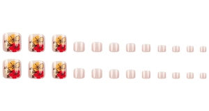 Flat lay of 24pcs press-on toenails with red floral patterns and light pink glossy finish