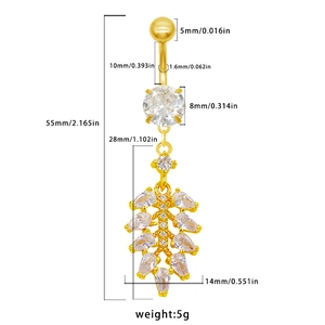 Detailed measurement guide for golden heart navel ring with marquise zircon charms