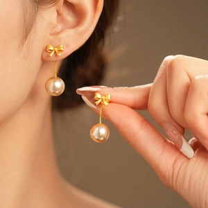 Bowknot Artificial Pearl Dangle Earrings Matte Gold Copper With Silver Earring Post French Retro Style For Women
