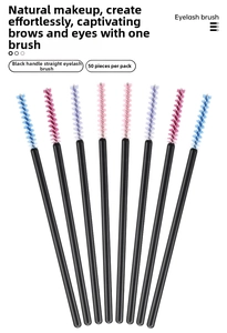 Close-up of disposable eyelash brushes with colorful nylon bristles and black plastic handles