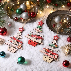 Three-piece set of wooden Christmas tree ornaments in red and green on artificial snow