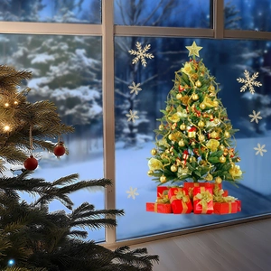 Adesivo per finestra con albero di Natale dettagliato con fiocchi d'oro e regali
