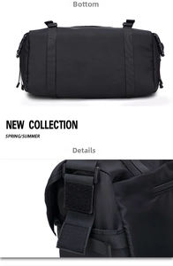 Detail of durable black nylon bag with adjustable straps, buckles and secure velcro pockets