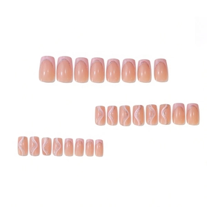 24pcs pink French press-on nails with white and glitter wavy lines design on white background
