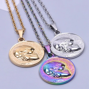 Skull pendant necklace in gold silver and rainbow finishes with relief design