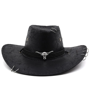 Detail of black faux leather cowboy hat featuring a silver bull head and cracked texture