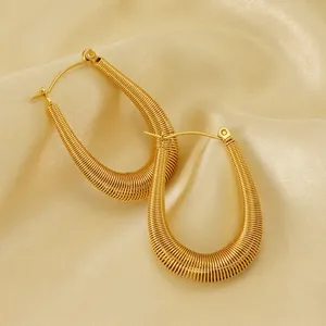 U-Shape Hoop Earrings Stainless Steel 18K Gold Plated Spiral Texture Hollow Geometric Fashion Jewelry For Women
