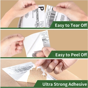 Three-panel view of thermal shipping labels with easy tear, peel, and strong adhesive features