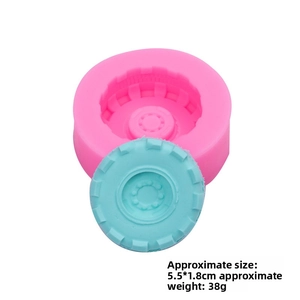 Detail of tire silicone mold for fondant showing size measurements and finished blue tire