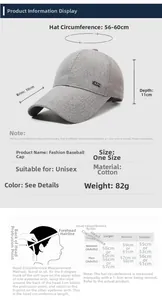 Detailed size chart for cotton baseball cap showing 10cm long brim and measurements