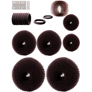 Detail of professional hair styling tool kit with bun makers, U-pins, and elastic bands