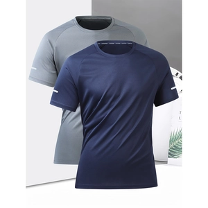 Detail of breathable mesh fabric on navy and grey athletic t-shirts with reflective strips