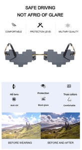 Detail of pixel heart sunglasses showing UV protection and polarized lens effect