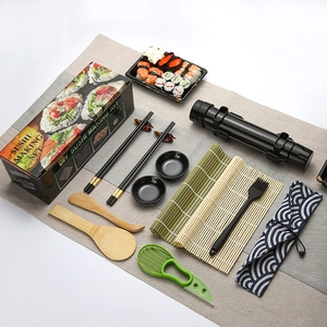 Complete 12-piece DIY sushi making kit with bamboo mats, rollers, and essential tools