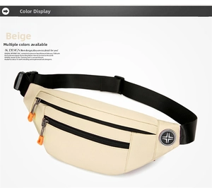Detail of beige Oxford fabric waist bag with adjustable strap and orange zipper pulls