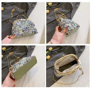 Detailed views of floral shell bag featuring gold clasp, chain strap and interior pocket