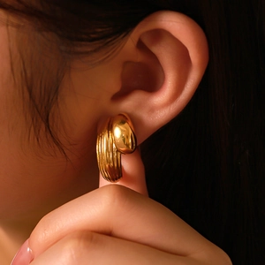 Geometric C Hoop Earrings 18K Gold Plated Stainless Steel Textured Croissant Spliced Smooth Retro Fashion For Women