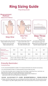 Size guide for 925 silver moissanite ring with finger measurement instructions and chart