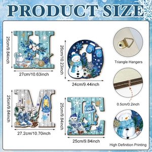 Detailed view of winter HOME wooden sign set with size specs and snowflake patterns