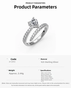 Detail showing 925 sterling silver heart-shaped ring specs with 0.75ct 5A cubic zirconia