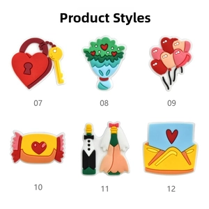 Close-up of PVC 3D shoe charms featuring heart, floral, and celebration designs