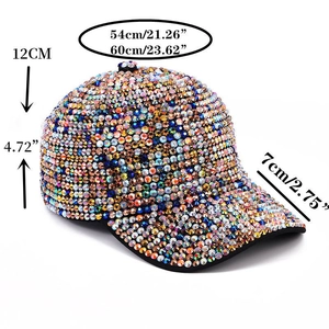 Detailed size chart for the rhinestone baseball cap showing crown height and brim length