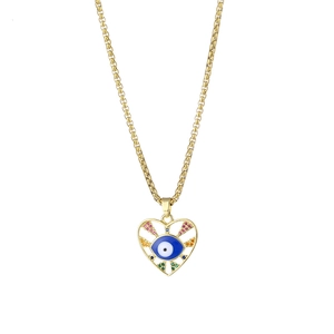 Golden heart necklace with blue evil eye pendant and colorful zircons on white background