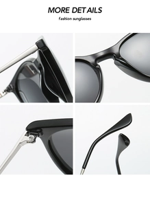 Detailed macro views of retro cat-eye sunglasses with silver metal hinges and nose pads