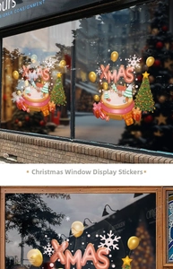 Detailed festive window decals with XMAS balloons and a snowy house base scene