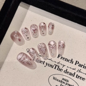 Press On Nails Cat Eye Pink Gradient French Style Artificial False Nails With 3D Alloy Bow Heart Artificial Pearl Rhinestone Sweet Princess Dreamy Manicure