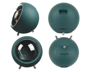 Detailed views of a spherical dark green watch winder with metallic tripod legs from various angles