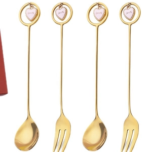 Golden stainless steel cutlery set with four pieces featuring pink Love heart pendants