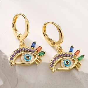 18K gold plated evil eye earrings with colorful zircons and blue enamel detailing
