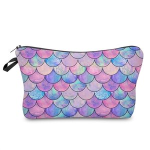 Multicolor mermaid scale makeup bag with vibrant pink blue and purple patterns