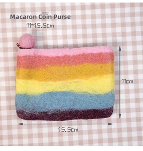 Macro view of rainbow wool felt macaron coin purse with zipper and 15.5cm size scale