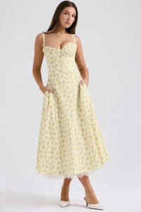 French style floral midi dress with spaghetti straps and delicate lace trim hemline