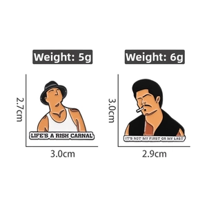Detailed view of enamel pins with movie character designs and size measurements