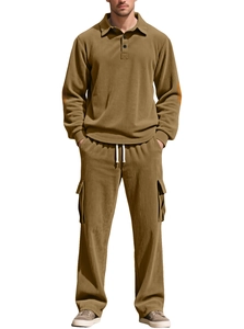 Detail of brown corduroy tracksuit featuring buttoned lapels and utility cargo pockets