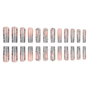 Long square fake nails with silver vine patterns, heart rhinestones and pink gradient