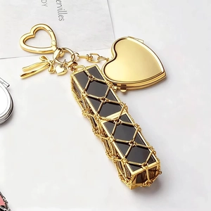 Luxury lipstick chain keychain with gold heart carabiner, bow pendant and makeup mirror