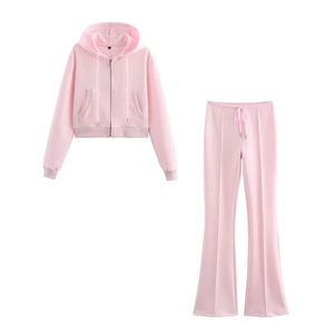 Survêtement Femme Sweat À Capuche Court Zippé Et Pantalon Évasé Mélange De Coton Décontracté Streetwear