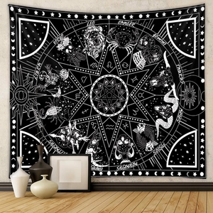 Bohemian black and white zodiac wall tapestry with mystic moon and sun star chart