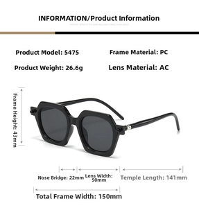 Size guide for hexagonal sunglasses showing frame width and lens dimensions