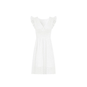 Robe d'été blanche avec col en V, manches à volants et broderie anglaise élégante