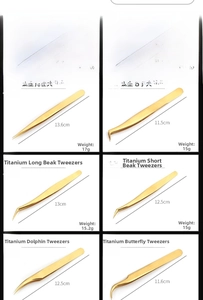 Detailed set of six precision stainless steel eyelash tweezers with colorful titanium finish