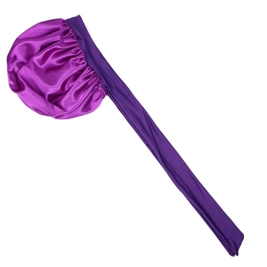 Detailed view of purple satin sleep cap with long adjustable straps for hair protection