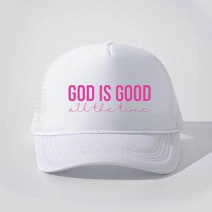 Detail view of white foam trucker hat with pink God Is Good text and breathable mesh