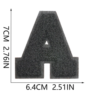 Detail view of a 7cm black chenille letter A patch with precise size measurements
