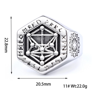Men's Viking rune ring in silver stainless steel, hexagonal vintage design on white background